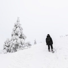 Fototapeta na wymiar Young woman in the snowy hills