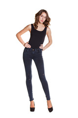 Portrait of a beautiful woman in blue jeans and blue shirt