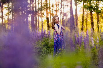 girl with flowers lupines in a field at sunset
