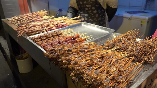 Fried scorpion and other exotic food on a stick at the Wangfujing snack street. Beijing