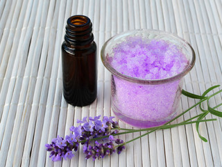 Fototapeta na wymiar Lavender sugar scrub with essential oil, calming homemade skin care