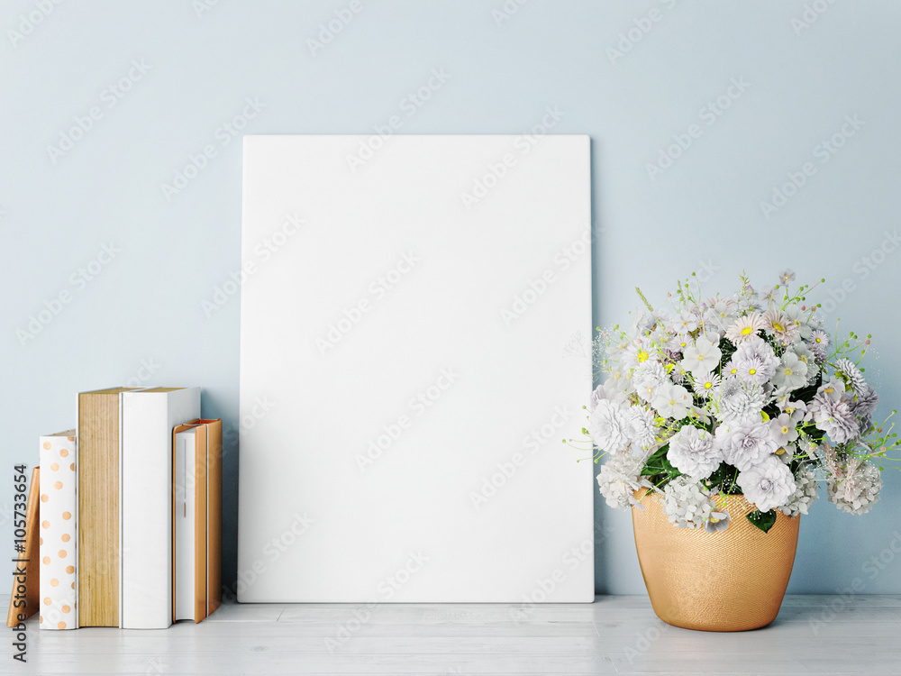 Wall mural white mock up frame, rose gold-hipster background, 3d rendering