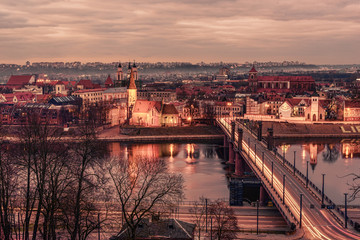 Fototapeta na wymiar Kaunas, Lithuania: aerial view of Old Town in the sunset