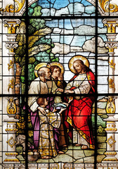 The Multiplication of the Loaves and Fish, stained glass window in the Basilica of the Sacred Heart of Jesus in Zagreb, Croatia