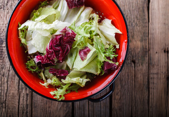 Green salad in a red colander.Capriccio.selective focus.