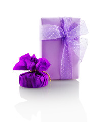 Elegant bright purple gift boxes on white background. Isolated with clipping path on white background.