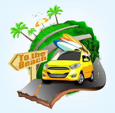 Summer Surfing Adventures Poster Design with Yellow Car Handling Three Surfboards Travel to the Beach in Vector Illustration
