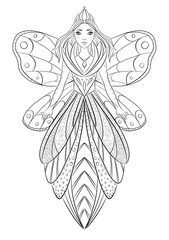 Art therapy coloring page illustration of a flower fairy queen
