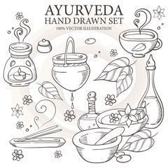 Ayurveda medicine, aromatherapy candle, water, bowl, oil, tea, bottle, flower, leaf, spirit spa set. Hand drawn natural therapy vector illustration