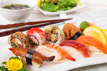 Selection of sushi plate with chopsticks