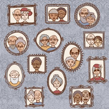 Cute hand drawn picture frames with portraits of old people
