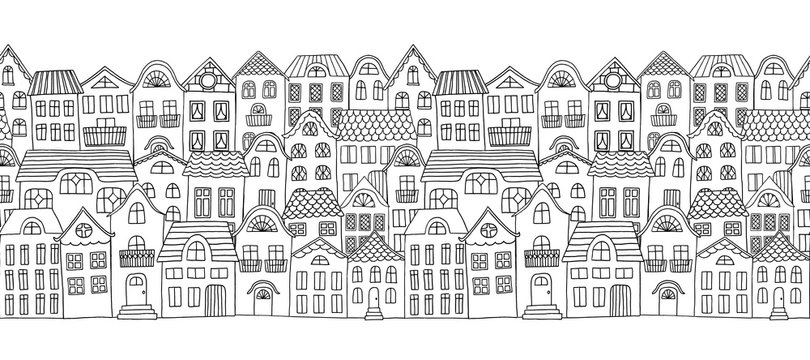 Hand drawn seamless horizontal banner of a city with cute little houses