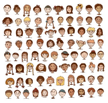 Collection of black and white hand drawn kids' faces