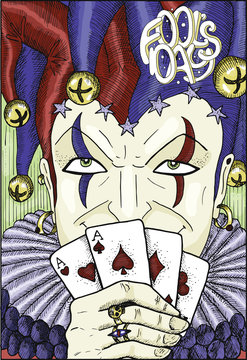Colorful engraved card with Joker and text