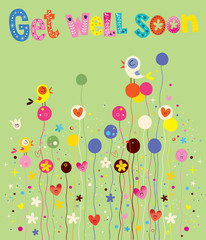 Get well soon card with birds, flowers and hearts