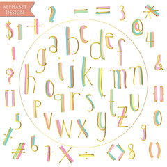 Yellow pink blue green gold colorful ink alphabet letters.Hand d
