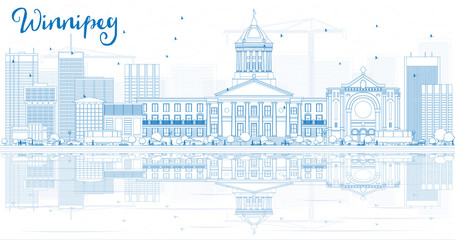 Obraz premium Outline Winnipeg Skyline with Blue Buildings and Reflections.