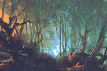 Naklejka premium dark forest with mystic light,illustration painting