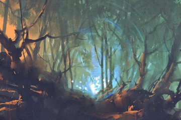 Foto op Plexiglas donker bos met mystiek licht, illustratie schilderij © grandfailure