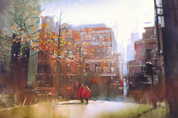 Naklejka premium couple in red walking on street of city,digital painting