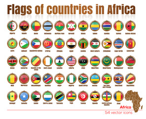 Flags of all countries in Africa in the same file.  Big set. Gold medallion with the flags of the countries of Africa. Vector illustration of flags