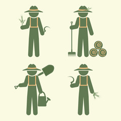 Farmer man with tool, set vector illustration