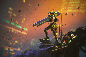 futuristic soldier in yellow suit with gun,illustration painting © grandfailure