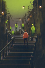 Naklejka premium encounter between red man and crowd of green men,illustration painting