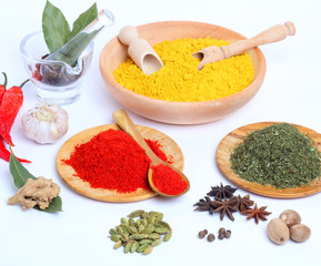 Spice in Wooden Spoon isolated white background
