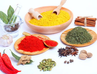 Spice in Wooden Spoon isolated white background
