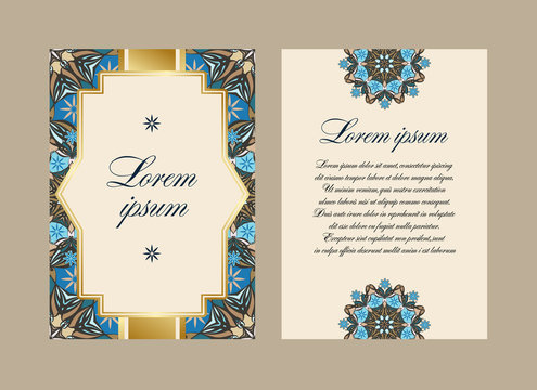 Elegant card with a floral pattern mandala. Vector pattern in Eastern style. The obverse and reverse sides. Perfect for congratulations or invitation. Easy to edit