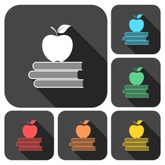 Education icons, Vector book with apple set with long shadow