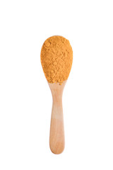 Turmeric (Curcuma) powder on wooden spoon on white background.