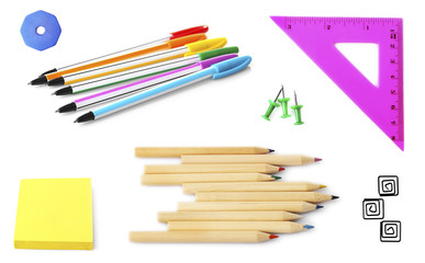 Set of bright school stationery, isolated on white