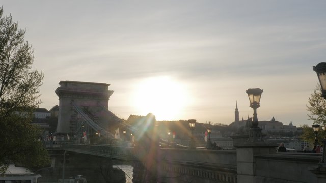 Chain Szechenyi Bridge of Budapest on river Danube sunset scene 4K 2160p UltraHD footage - Famous Chain Bridge located in Hungarian capital of Budapest before sunset 4K 3840X2160 UHD video 