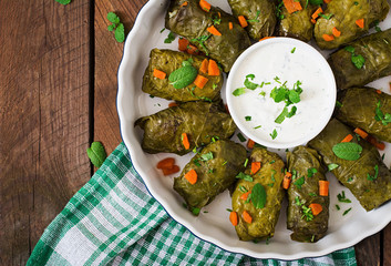 Dolma stuffed with rice and meat - greek traditional appetizer. Top view