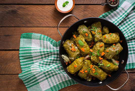 Dolma stuffed with rice and meat - greek traditional appetizer. Top view