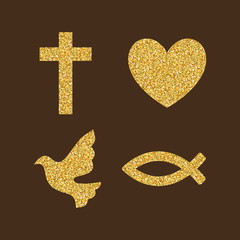 Christian logos, symbols. Brilliant color of gold.