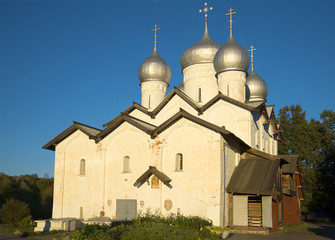 The Church of Boris and Gleb in the Carpenters in the rays of the setting sun. Veliky Novgorod, Russia