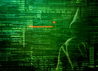 hacker at work with graphic user interface around