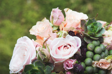 Close up image of wedding bouquet, mixed type of flowers