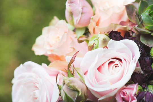 Close up image of wedding bouquet, mixed type of flowers