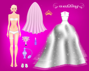 Bride paper doll. Wedding dresses and accessories. Bride preparing for the wedding