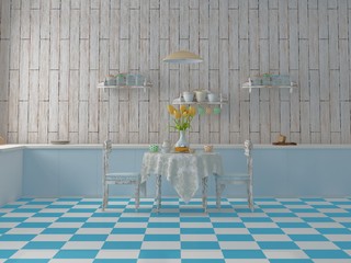 Cute colorful kitchen with blue tiles and breakfast table