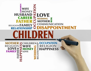Hand with marker writing - Children word cloud, Relations concep