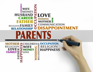 Hand with marker writing - Parents word cloud, Relations concept