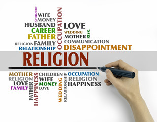 Hand with marker writing - Religion word cloud, Relations concep
