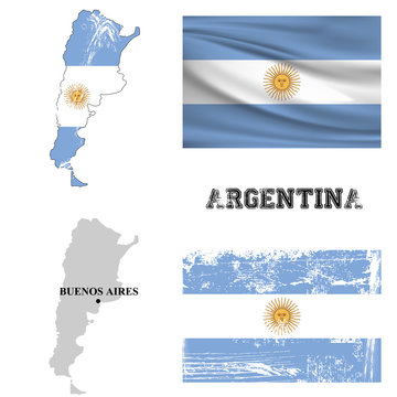 Карта и флаг Аргентины в старинном и современном стиле.