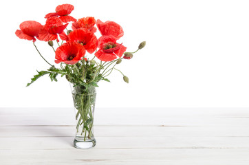 Bouquet of red poppies in glass vase on old white wooden table