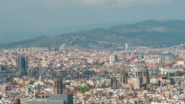 Panning right aerial view of Barcelona